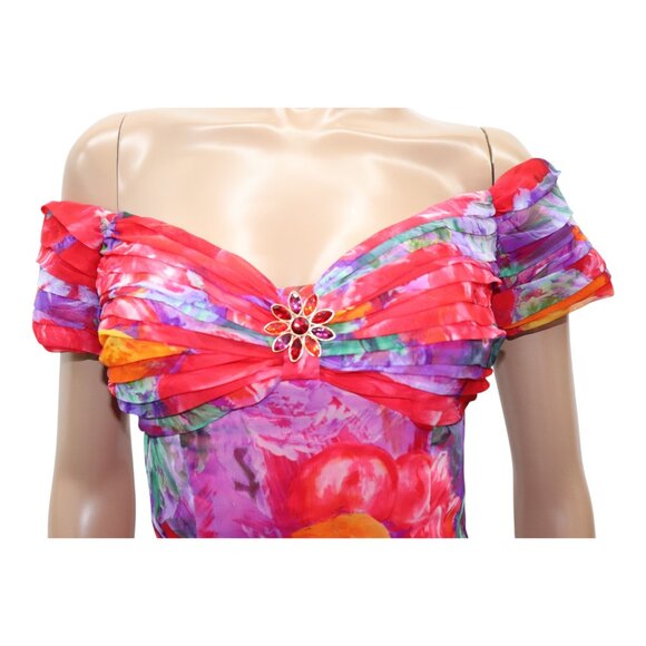 VINTAGE Vibrant Off-Shoulder Floral Peplum Cocktail Dress Sweetheart Neckline S - Picture 4 of 8